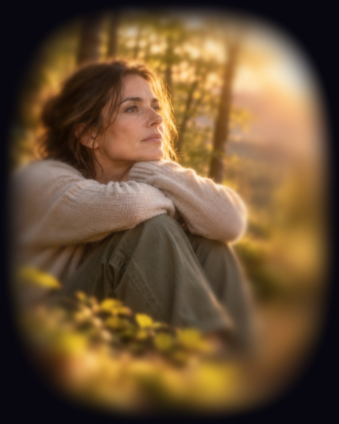 Femme assise en forêt, pensive, baignée d'une lumière dorée.